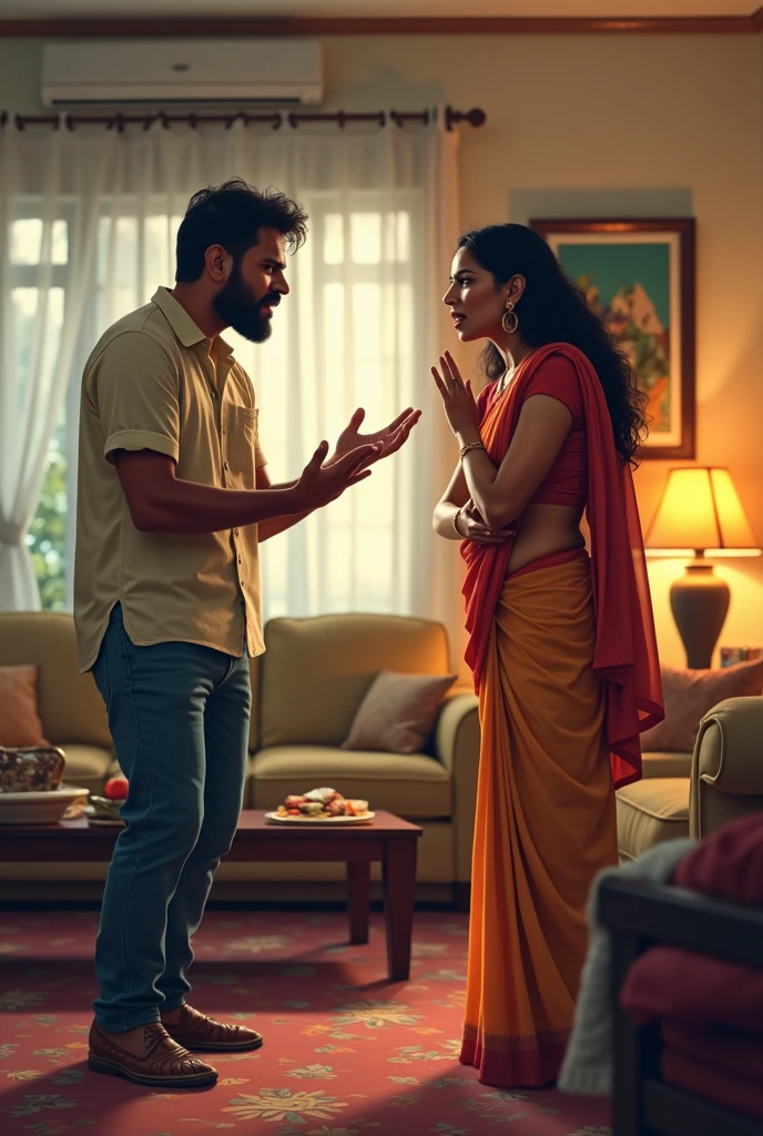 
An Indian husband and wife are in a heated argument in their living room. The setting is a typical home with traditional and contemporary decor, including a sofa, coffee table, and perhaps some cultural items or artwork. The husband, dressed in casual clothing, looks frustrated and is gesturing emphatically. The wife, also in casual clothing or traditional attire, appears distressed or angry, possibly with crossed arms or a raised hand. The room might have signs of tension, such as scattered items or a cluttered coffee table. Their expressions should convey the intensity of their argument and the emotional strain of the situation.