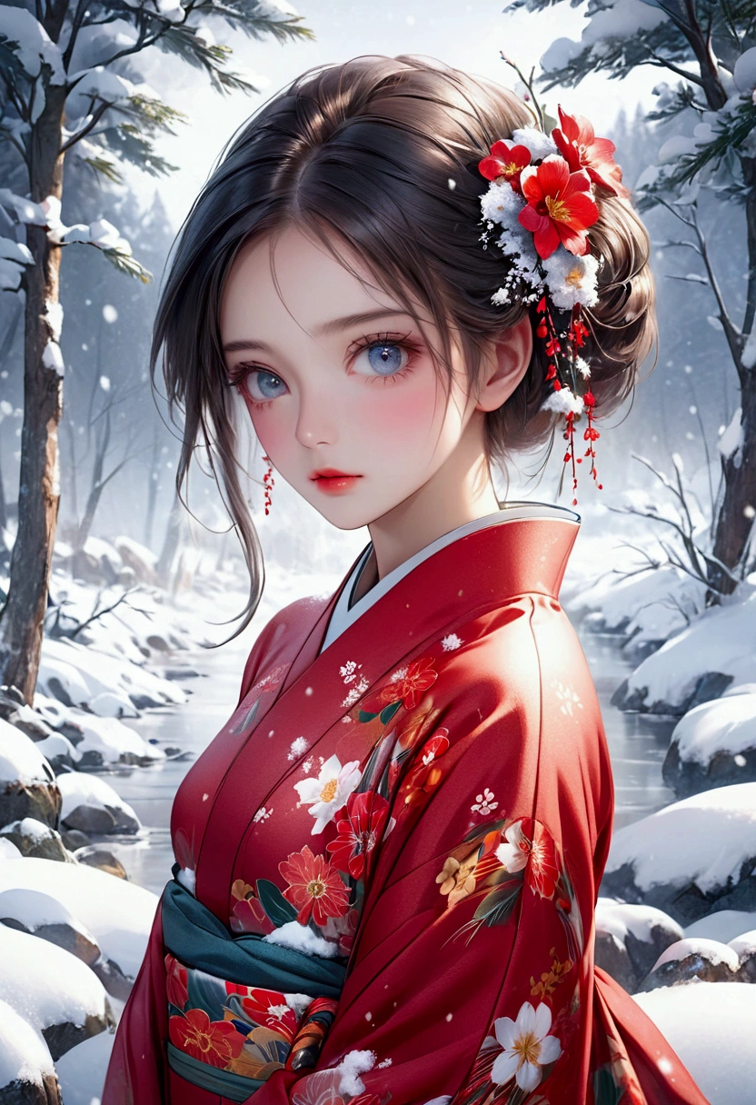 a beautiful cute girl in vibrant red kimono with flower pattern, surrounded by deep falling snow in a serene snowy landscape, 4k, 8k, highres, masterpiece, ultra-detailed, realistic, photorealistic, vivid colors, fantasy, detailed face, long eyelashes, detailed eyes, detailed lips, elegant, graceful pose