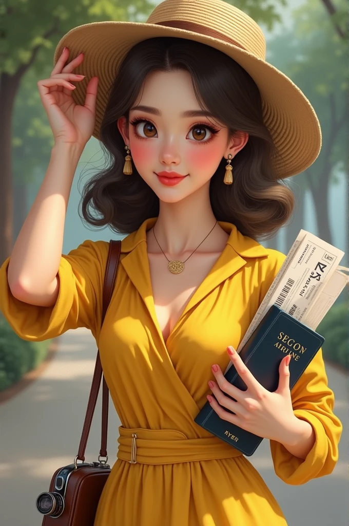 Make a photo a yellow dress realistic girl who have hat and her one hand is touches her hat and other hat has air ticket and passport with hanging Camera