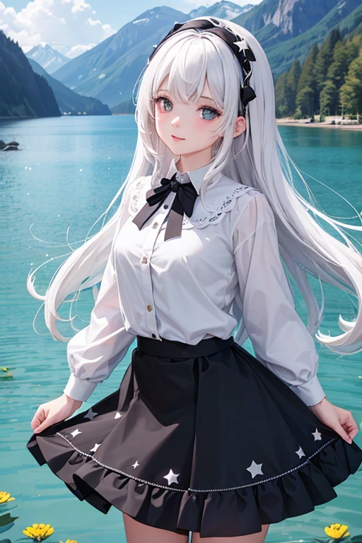 Girl wearing a black flared skirt with stars,white haired cutie, several petals on the lake behind