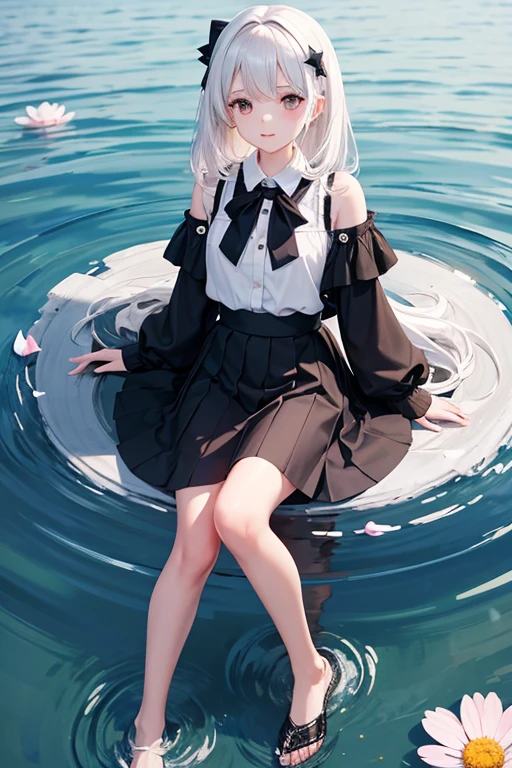 Girl wearing a black flared skirt with stars,white haired cutie, several petals on the lake behind 