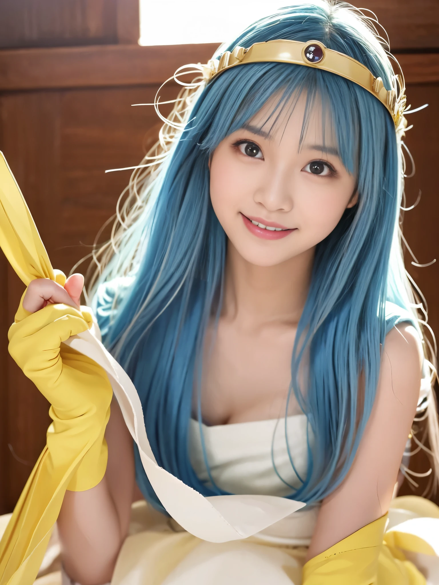 masterpiece、1 beautiful girl、Beautiful Eyes、smile、Puffy eyes、Highest quality, 超High resolution, (reality: 1.4), Cinema Lighting、Japanese、Asian Beauty、Korean、so beautiful、Beautiful Skin、Body facing forward、Face close-up、Upper body close-up,(超reality的な)、(High resolution)、(8k)、(Very detailed)、(美しくBeautiful Eyes)、(Very detailedな)、 (wall-)、Detailed face、Bright lighting、Professional Lighting、Looking at the audience、Look straight ahead、Diagonal bangs、Bright light Blue Hair、Nogizaka Idol、20-year-old、masterpiece, Highest quality, Very detailedな, shape, Sage_(dq3),Long Hair, Blue Hair, Circlet, Red eyes,Small breasts, Yellow gloves, White Dress, belt, Cape, boots,