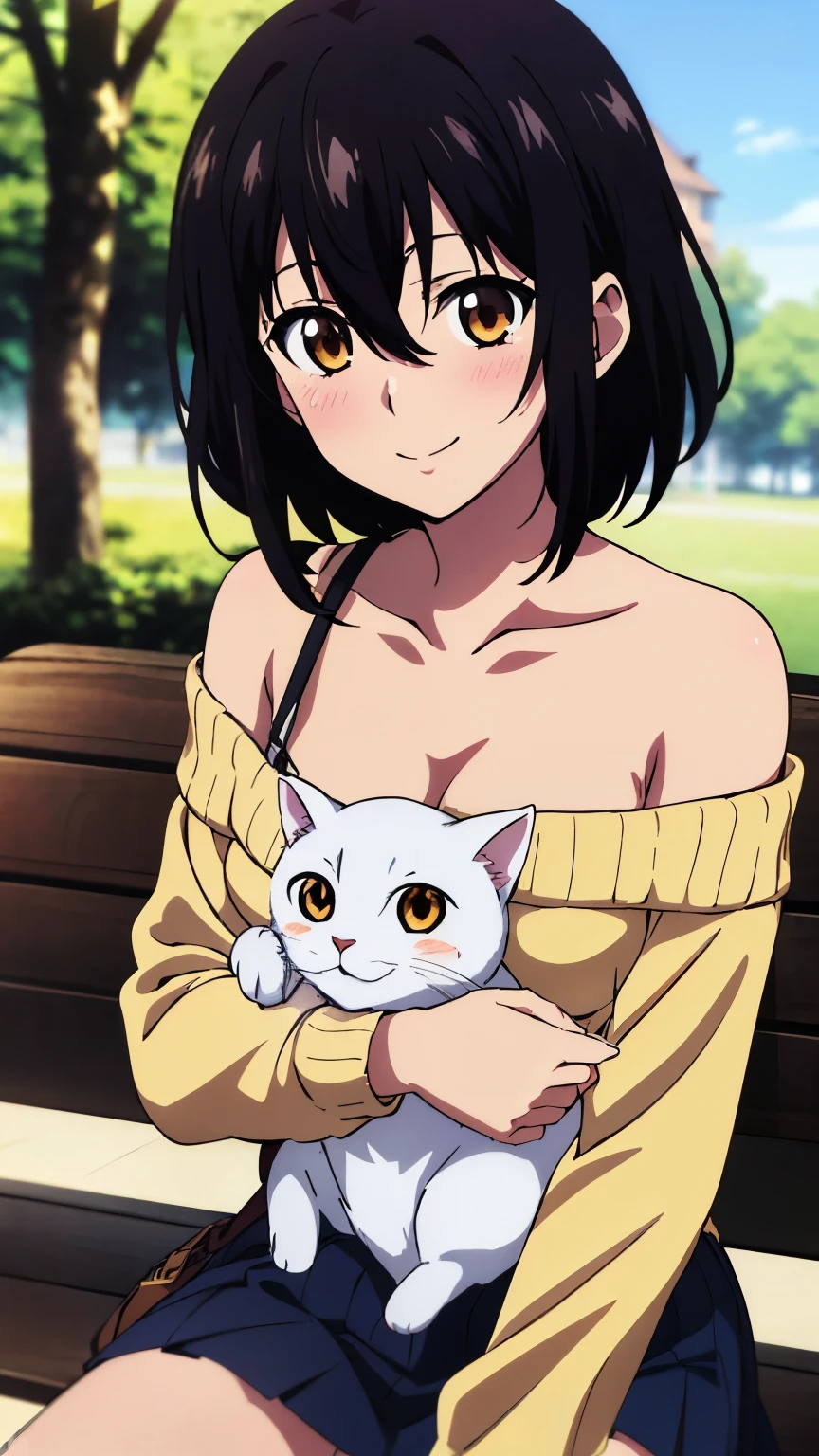 (highest quality, 8k, High resolution, masterpiece:1.2), Anime art style, Hyper Detail, himeragi yukina, Brown eye, Black Hair, Hair between the eyes, Medium Hair, 1 girl, Perfect Face, eye_Light_big,Small medium breast, Soft impression, alone, (long sleeve off-shoulder light yellow sweater, black halterneck camisole, (hand bag, shoulder strap), black pleated mini skirt, Ice cream, A woman holding a cat in her arms, sitting on a bench in the park, smiling, blushing), Cowboy Shot, dutch angle, looking at viewer,