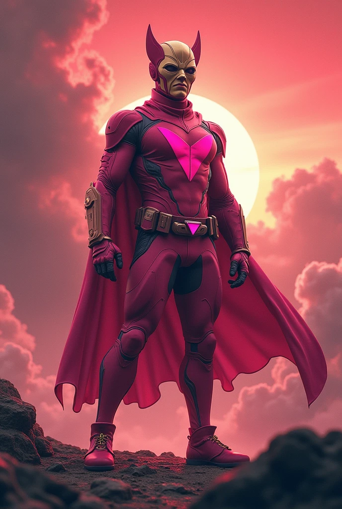 high-tech suit, posterize effects, malaysian superhero (KELUANG MAN) in a striking pink and beige costume cyberpunk design, mask small bat ear beige, daredevil biage mask, jumpsuit dark pink stands confidently in a dramatic, stormy landscape. ((Head covered node guard))The character wears a helmet with pointed ears and a flowing cape. Equipped with visible futuristic weapons on a belt, they exude a powerful presence against a backdrop of swirling clouds and a red hue sky.logo on chest triangle shape punisher center on chest pink logo . The ground is uneven and rocky, adding to --ar 3:4 --style raw --stylize 500 --v 6.1
