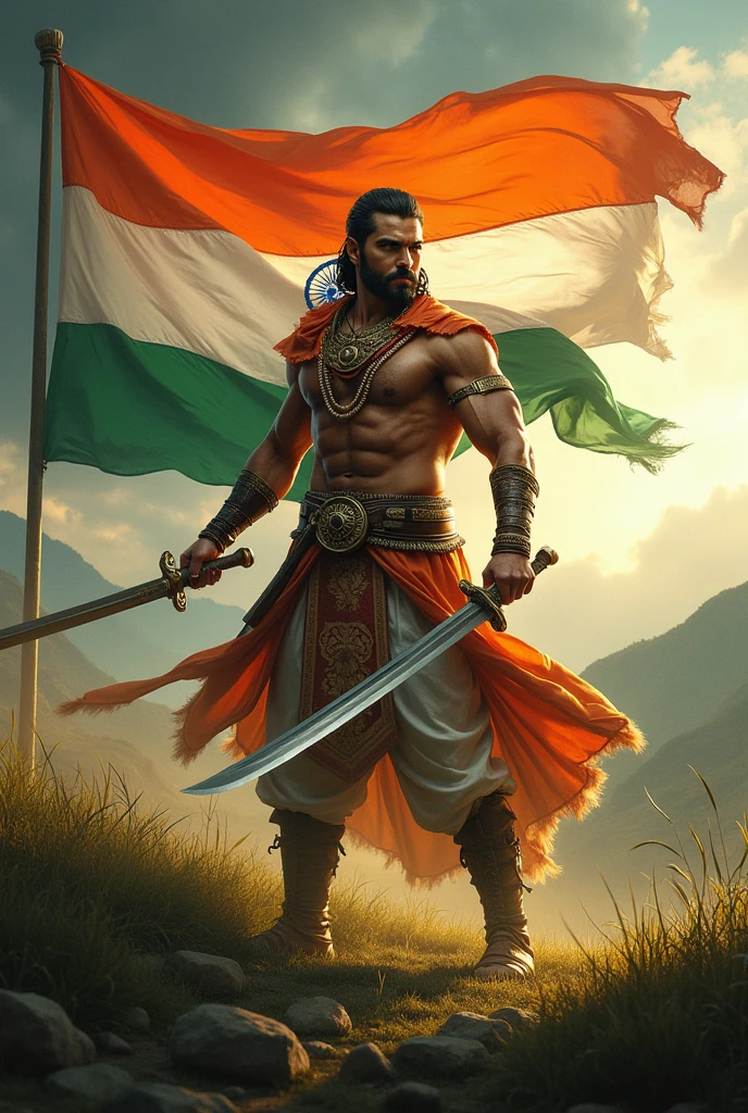 A man with sword and having an
Indian flag