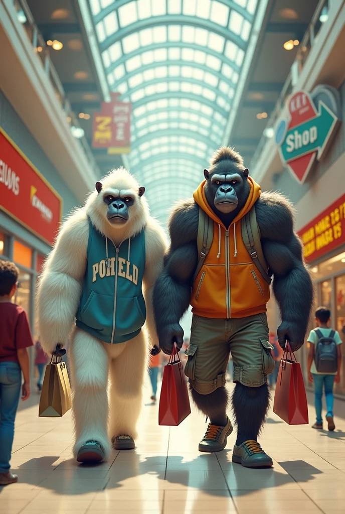 The Yeti and Gorilla go shopping at the mall.