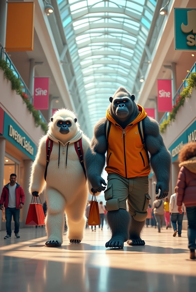 The Yeti and Gorilla go shopping at the mall.