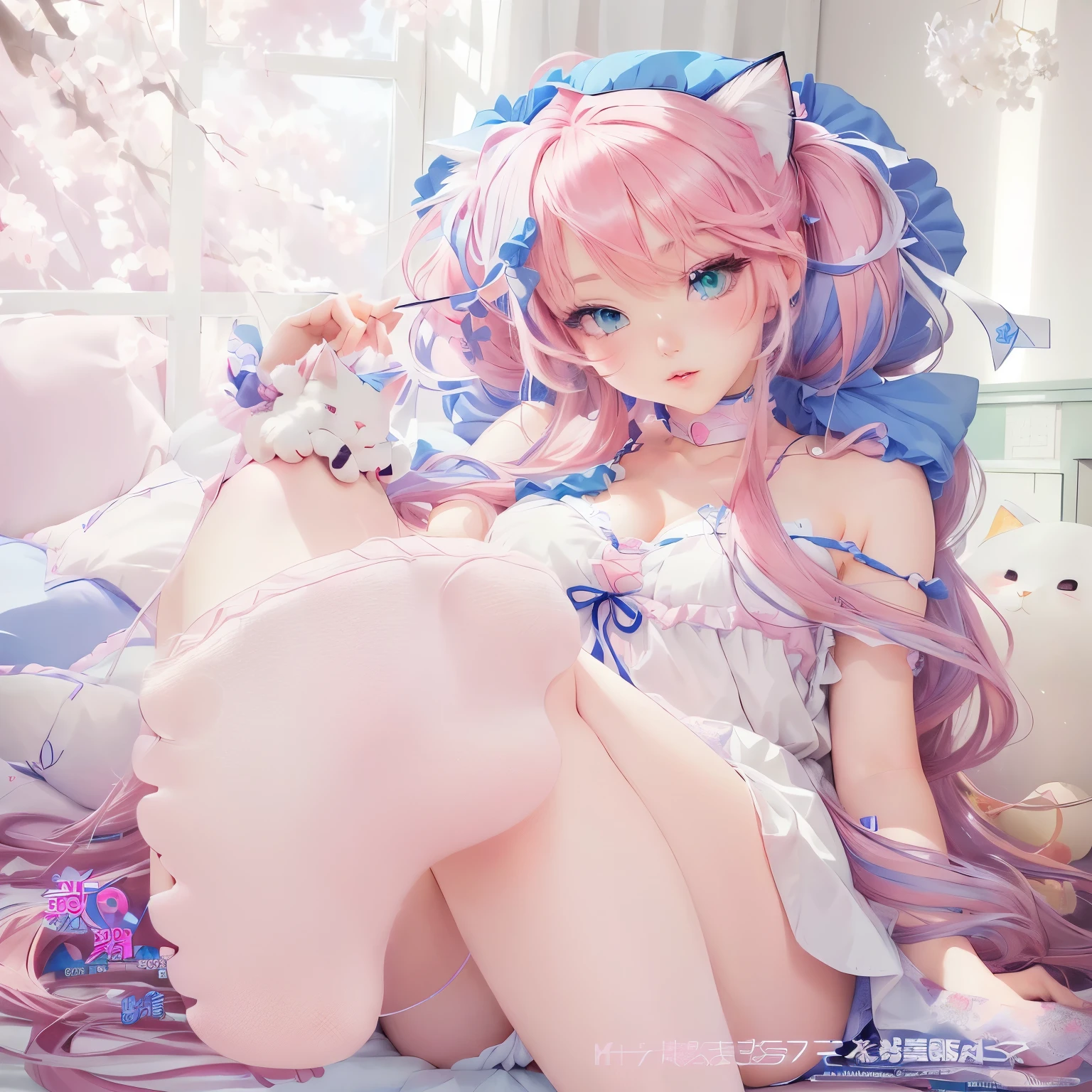 Anime girl with pink hair and blue eyes sitting on the bed, , Attractive anime girl, anime barbie doll white , Wear, Anime cute art style, Pink ponytail hair and cyan eyes, Wear漂亮裙子的可爱动漫女孩, Pastel anime illustration, Digital Art on Pixiv, very beautiful anime cat girl, Cute anime girl