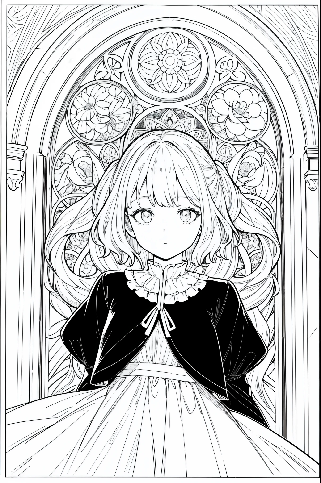 ((As a coloring book, the colors should be black and white, and the borders should be simple, clear, distinct and thick lines.)) A portrait of a European sleepy woman's face, with a pretty floral patterned dress, white hair, abstract, sketch, lines and scenes of characters without color and shadow. In the background you can see a large stained glass window of a church.