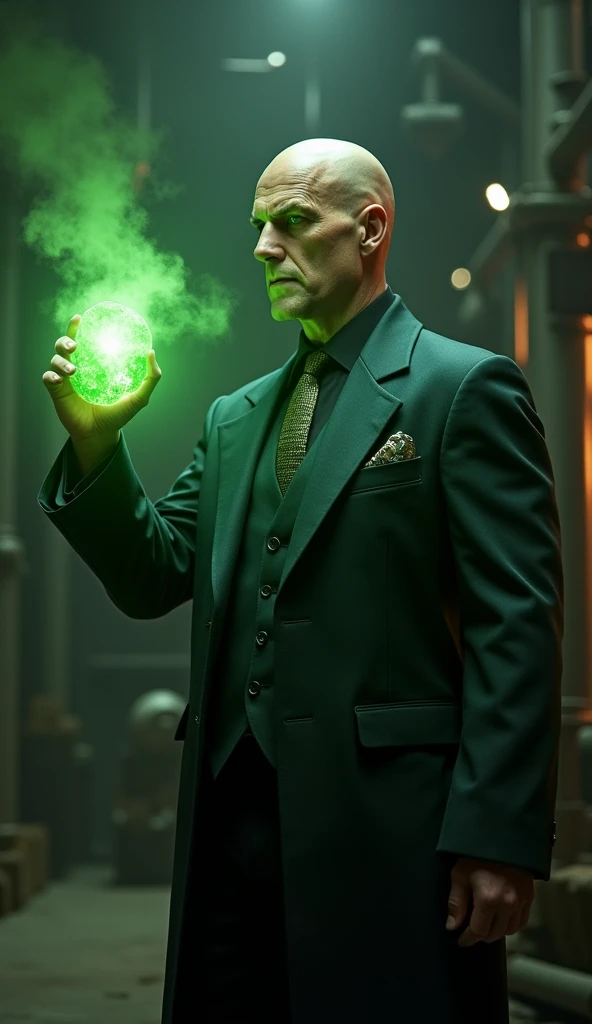 Lex Lutor holding the green Kryptonite