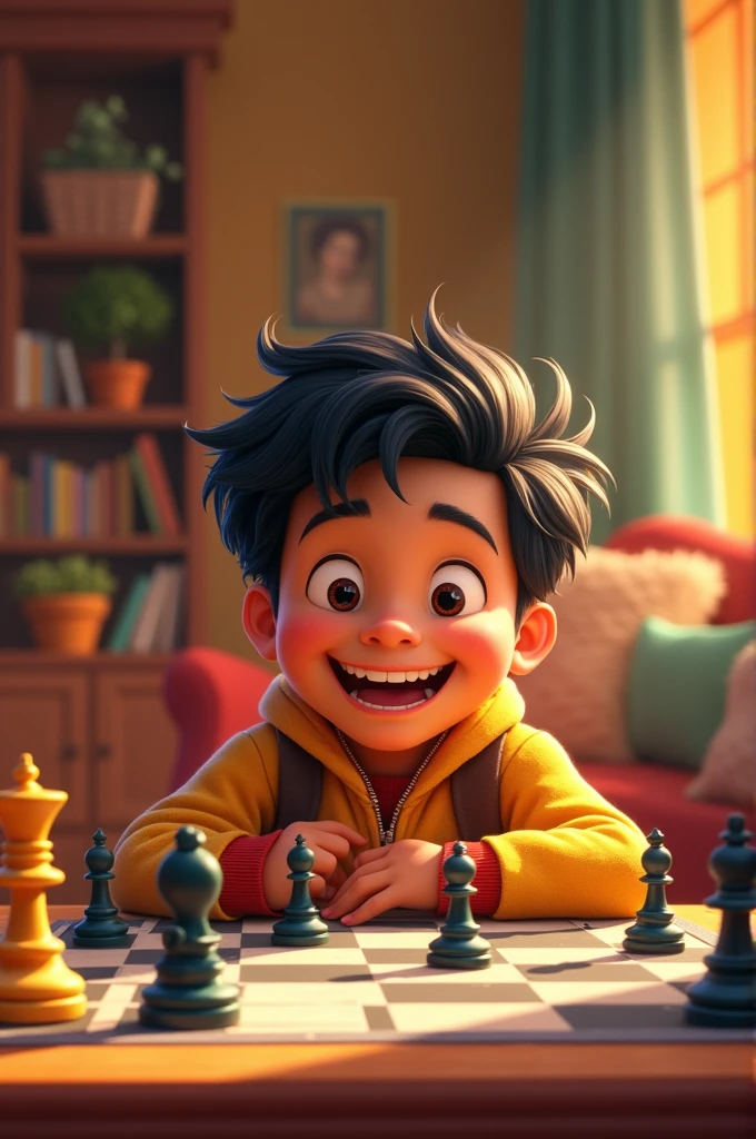  latin boy playing chess very happy pixar style drawing 