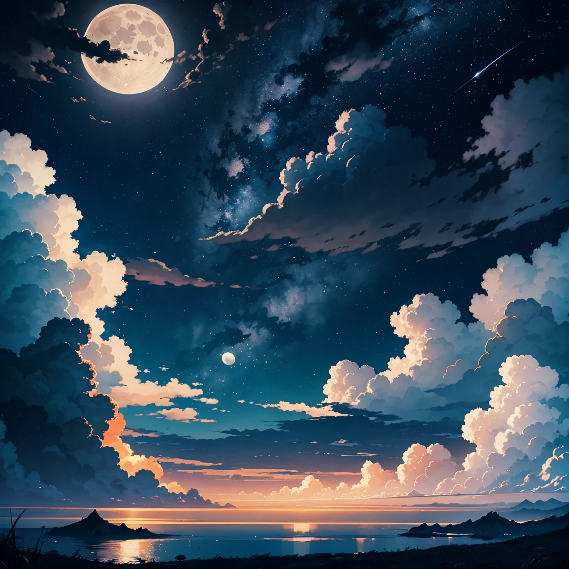 Create an illustration with a serene night sky featuring a bright full moon and black clouds. The clouds should have a traditional Japanese or Chinese style, with intricate patterns and curves. The scene should capture the moment when the clouds are parting, revealing more of the moon and stars, symbolizing the clouds clearing away. The overall atmosphere should be calm and mystical, with the clouds appearing to slowly dissipate.