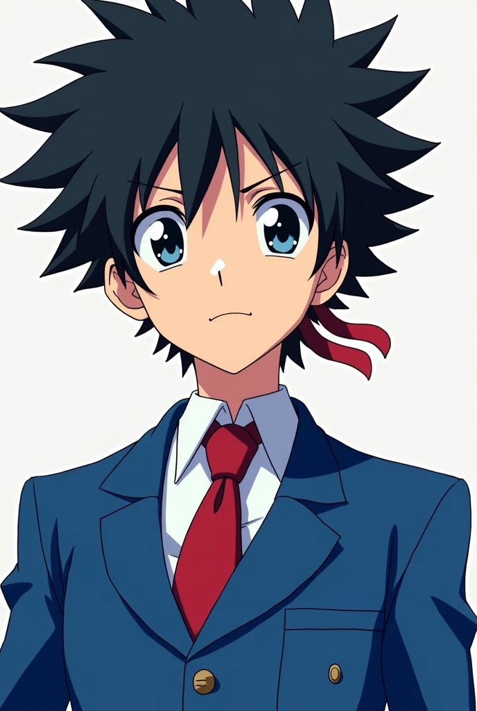 Create an anime boy with a blue school uniform and hair like Sasuke. Make the hair black and tie red.