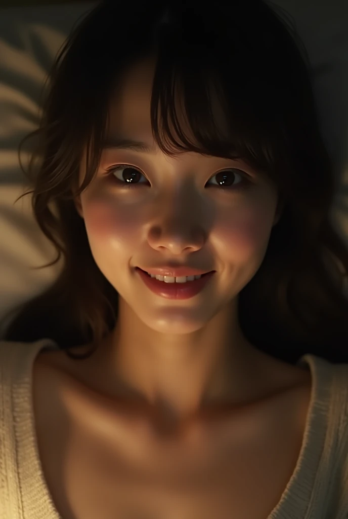 Selfie taken by a fair-skinned Japanese woman。Soft Light。Living room at night。High resolution, Textured skin, smile, Chest girth,