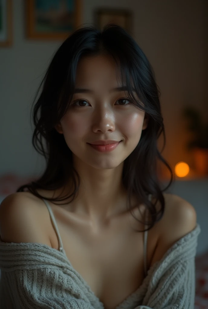 Selfie taken by a fair-skinned Japanese woman。Soft Light。Living room at night。High resolution, Textured skin, smile, Chest girth,