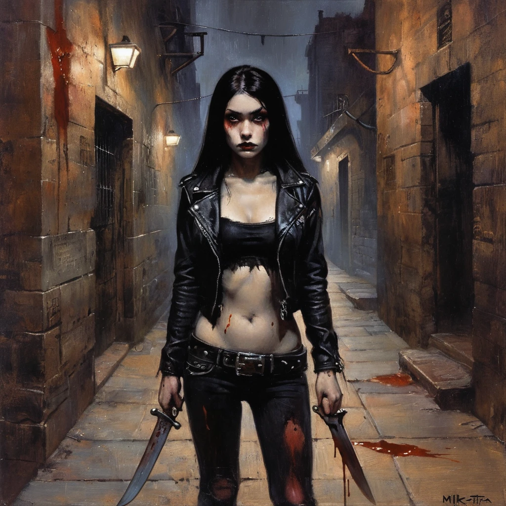 masterpiece,best quality,illustration, style of Mike Worrall and frank frazetta, high res, ((paiting)), (front view), ((1girl)), death metal album cover featuring a beautiful 20 years old girl, she is waiting for viewer in a dark alley with wicked intent, ((looking at viewer)), wearing a black leather jacket and spiked bracelet, ((holding a bloodied knife:1.5)), (blood on her hands) . ((night)), ((in a dark alley)), dark color palette, perfect anatomy