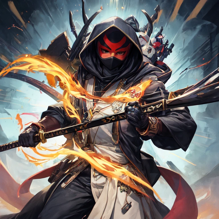 Ninja alchemist male in fully closed black clothes and wearing a hood with an oni mask covering his face with a katana and two hand crossbows UHD, textured skin, super detail, high details, high quali y,