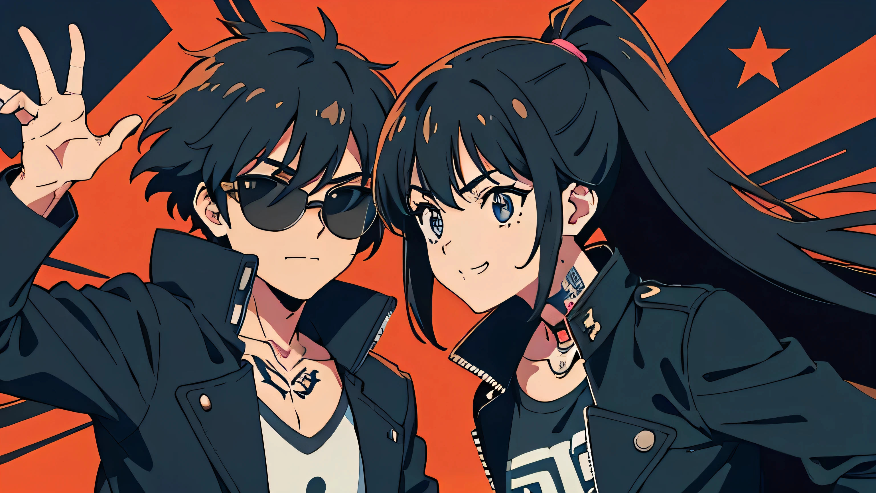 score up_9,score up_8,score up_7,best quality,super fine illustration,super detailed,8k, source_アニメ,1boy and 1girl,Punk Style,In town,BREAK,tattoo,black jacket,cool,sunglasses,holding_knife,crazy smile,