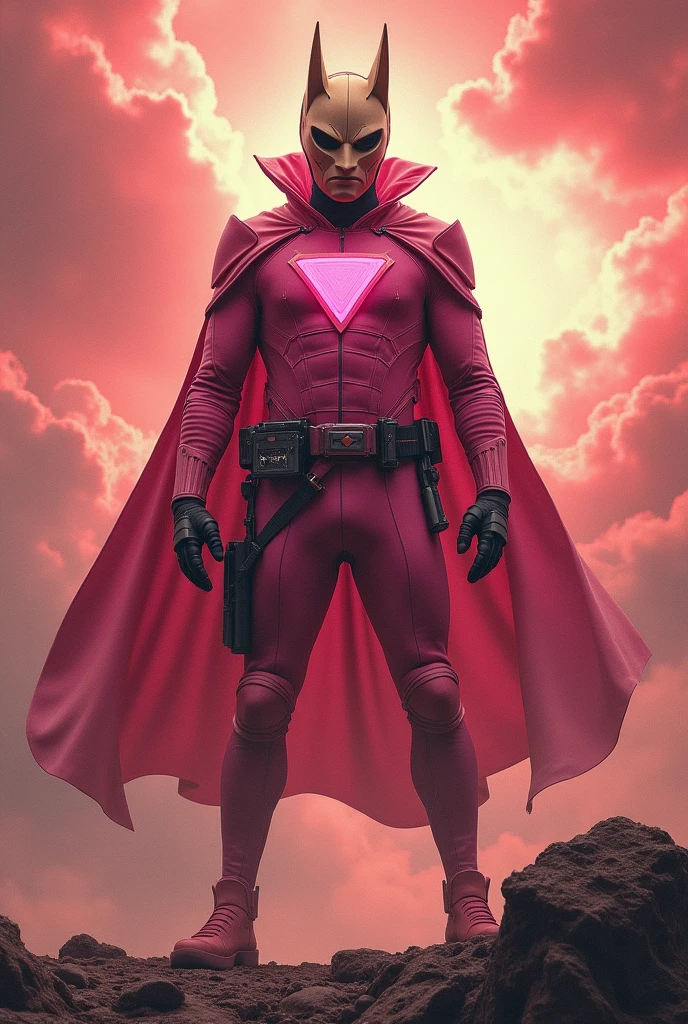 high-tech suit, posterize effects, malaysian superhero (KELUANG MAN) in a striking pink and beige costume cyberpunk design, mask small bat ear beige, daredevil biage mask, jumpsuit dark pink stands confidently in a dramatic, stormy landscape. ((Head covered node guard))The character wears a helmet with pointed ears and a flowing cape. Equipped with visible futuristic weapons on a belt, they exude a powerful presence against a backdrop of swirling clouds and a red hue sky.logo on chest triangle shape punisher center on chest pink logo . The ground is uneven and rocky, adding to --ar 3:4 --style raw --stylize 500