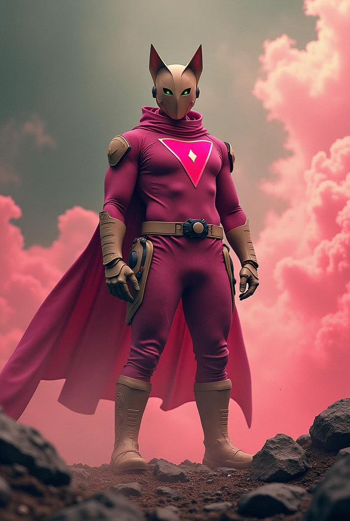 high-tech suit, posterize effects, malaysian superhero (KELUANG MAN) in a striking pink and beige costume cyberpunk design, mask small bat ear beige, daredevil biage mask, jumpsuit dark pink stands confidently in a dramatic, stormy landscape. ((Head covered node guard))The character wears a helmet with pointed ears and a flowing cape. Equipped with visible futuristic weapons on a belt, they exude a powerful presence against a backdrop of swirling clouds and a red hue sky.logo on chest triangle shape punisher center on chest pink logo . The ground is uneven and rocky, adding to --ar 3:4 --style raw --stylize 500 
