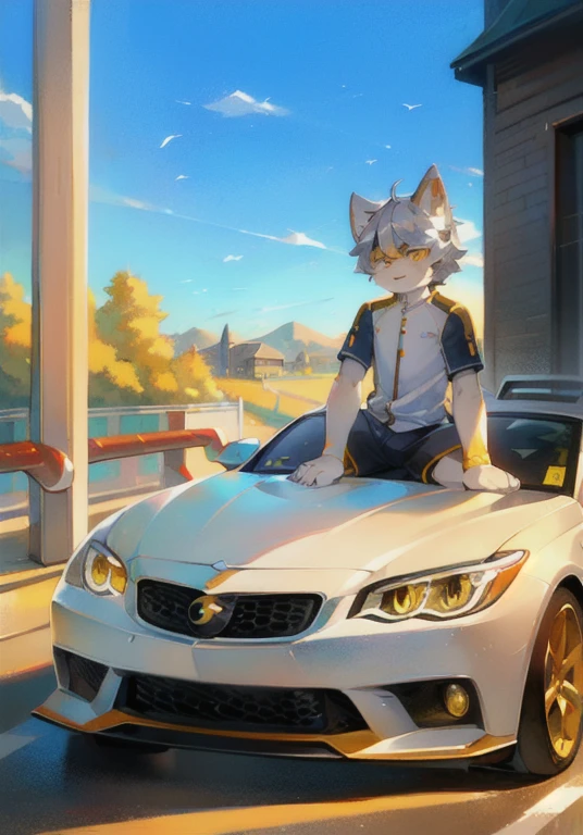 White male cat,boys,cute,Q version,Silver Hair,Detailed background,,Golden Eyes,Sports Car,Driver,Wear a helmet,Leaning on the race car