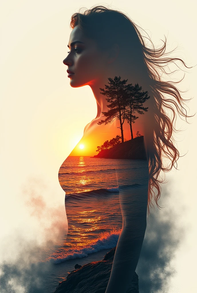 high quality, 8K Ultra HD, A beautiful double exposure that combines an goddess silhouette with sunset coast, sunset coast should serve as the underlying backdrop, with its details incorporated into the goddess , crisp lines, The background is monochrome, sharp focus, double exposure, by yukisakura, awesome full color, rojoni+shanto