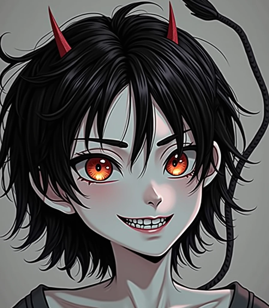 Attractive demon boy with black shorts hair and red eyes with tail, smiling creepy