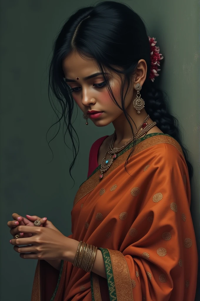 A sad indian girl wearing sambalpuri saree