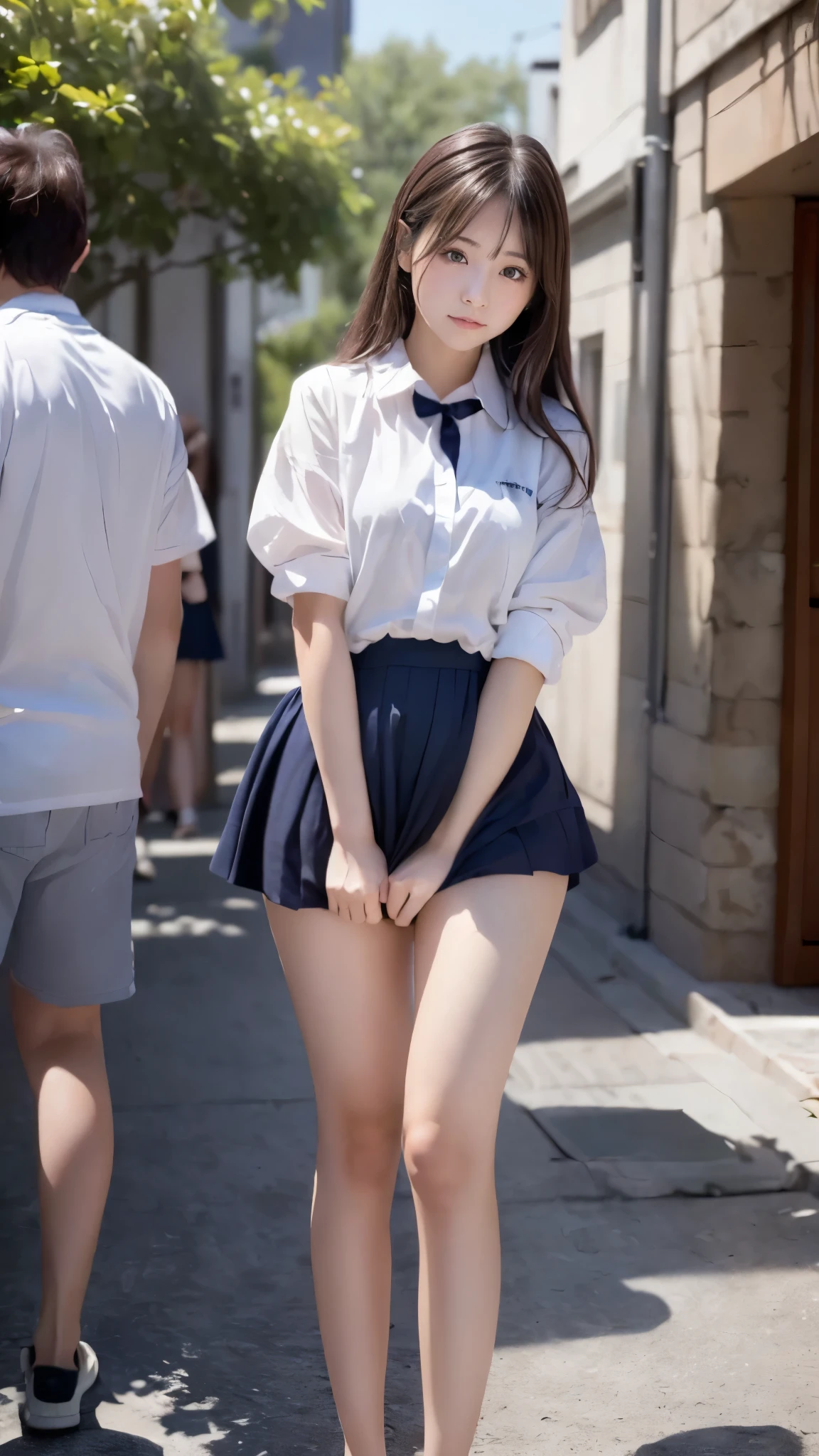 ((Beautiful and innocent high school girls and perverted men)), ((high school salor uniform)), (Being molested by perverted men), (The skirt is navy blue up by the strong wind:1.2), ((She is embarrassing in shame at having her pure white panties seen in public)), Surrounded by perverted men on the street, (Beautiful brown straight hair:1.2), Increased sensitivity, Beautiful Eyes, Ultra high definition, Inner thighs, Slender body, Japanese, Anatomically correct, (Highest quality、Highest quality、Masterpiece、Ultra high definition、Reality:1.37), (Detailed eyes and face:1.3、Professional photography techniques)、(The right move)