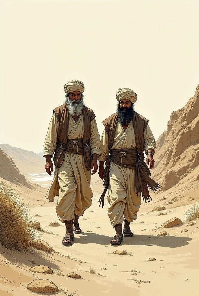 Two Punjabi people of old Indian Empire, coming towards in baren land in background , taking ash pot of their emporer , pot is small , in sketch format
