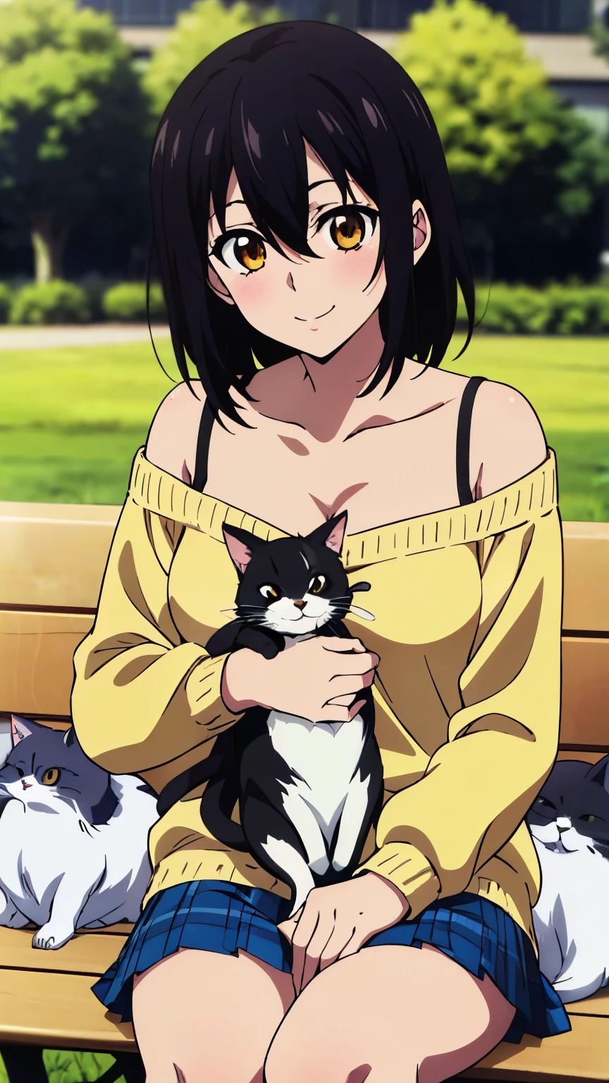 (highest quality, 8k, High resolution, masterpiece:1.2), Anime art style, Hyper Detail, himeragi yukina, Brown eye, Black Hair, Hair between the eyes, Medium Hair, 1 girl, Perfect Face, eye_Light_big,Small medium breast, Soft impression, alone, (long sleeve off-shoulder light yellow sweater, black halterneck camisole, (hand bag, shoulder strap), black pleated mini skirt, Ice cream, A woman holding a cat in her arms, sitting on a bench in the park, smiling, blushing), Cowboy Shot, dutch angle, looking at viewer,