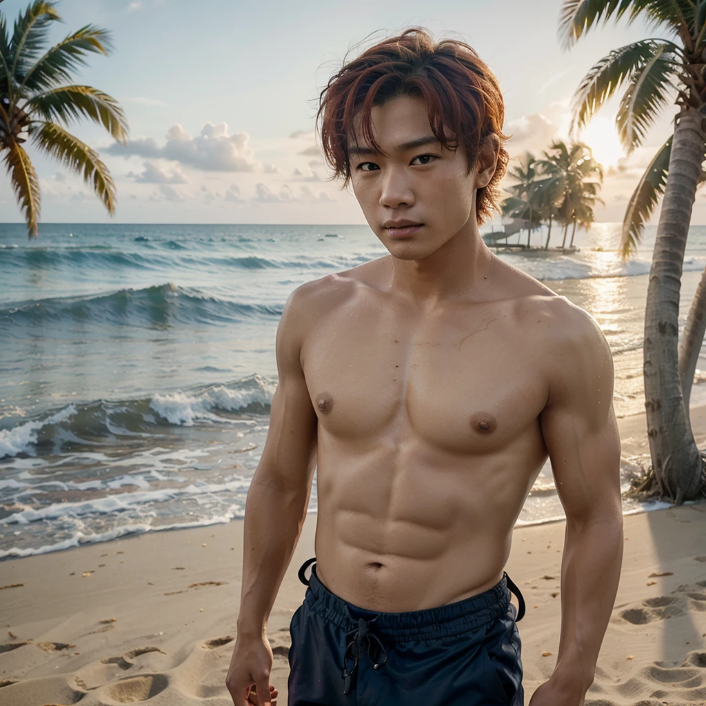 Yang Jeongin, member of Stray Kids. A redheaded sexy surfer boy on a sunny and hot beach, detailed facial features, long eyelashes, shirtless, muscular, tanned skin, ocean waves, palm trees, sunlight, golden hour lighting, vibrant colors, cinematic composition, photorealistic