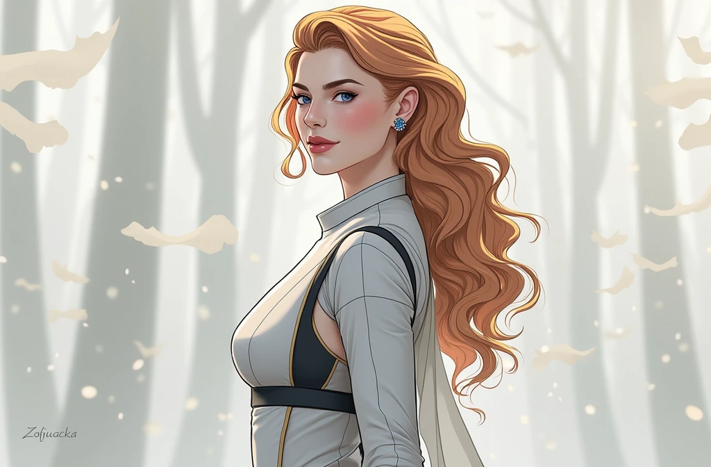 Zofia Nowacka is a woman who stands 173 cm tall and weighs 65 kg. Her body has an inverted triangle shape with measurements of 87 cm bust, 65 cm waist, and 95 cm hips. Zofia has well-developed muscle tone, with visible abdominal muscles and defined arms. Her chest size is approximately a B-cup. Her skin is fair, with a porcelain tone and a cool undertone similar to that of Norwegians. Her face is oval-shaped, with a face length of approximately 19 cm and a width of 13 cm. She has a well-defined jawline and a slightly pointed chin. Her forehead is of medium height, about 6 cm. Her eyebrows are of medium density, 1 cm in width, with a gentle arch above large, almond-shaped eyes measuring 3 cm by 1.2 cm, which are blue in color. Her eyelashes are long, about 1 cm in length.  Zofia's hair is bright red with copper undertones, naturally curly with curls approximately 2 cm in diameter. Her hair is voluminous, reaching mid-back with a length of about 50 cm. Her ears are small, about 5 cm in height, close to her head, and mostly hidden under her thick hair. The skin on her face has a cool ivory undertone (approximately 25 in the L* scale). Her cheeks have a soft blush (approximately 30 on the a* scale). Her lips are medium-sized, 4 cm in length, with a natural rosy hue (approximately 50 on the L* scale)