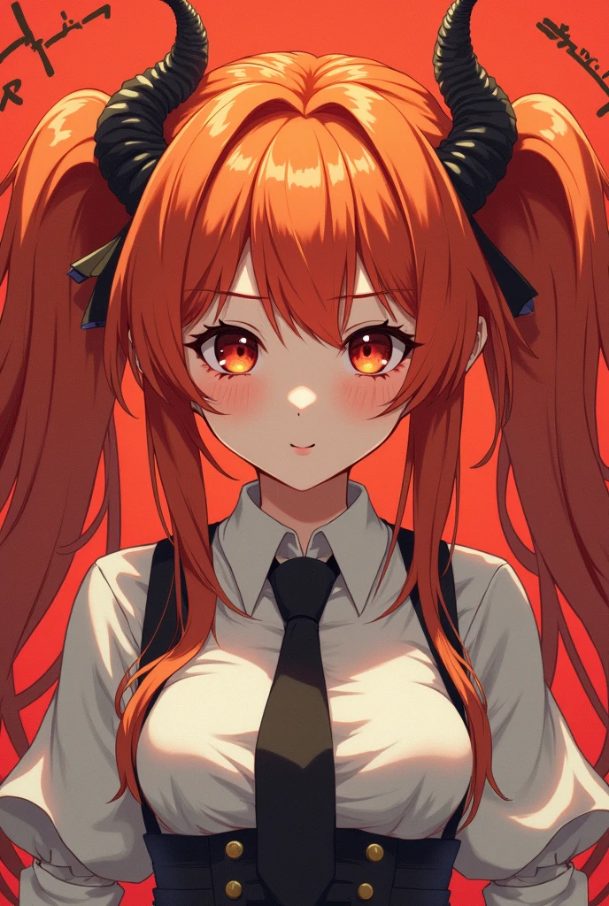 (masterpiece, Highest quality, Highest quality, formal Art, Beauty and aesthetics: 1.2), (Flat Color: 1.3), Very detailed, Detailed face and eyes, Cinematic Light, software, anime, Depth of written boundary, 1 person, alone, formal, ・Orange hair, long twin tails, hair ends in gentle vertical rolls, dragon horns, short, elementary school student, huge breasts, demon king
