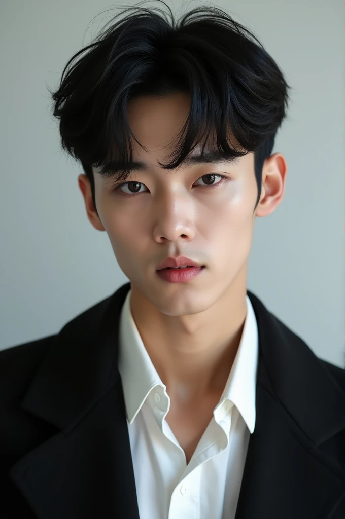 Korean male idol handsome black hair black jacket white blouse 