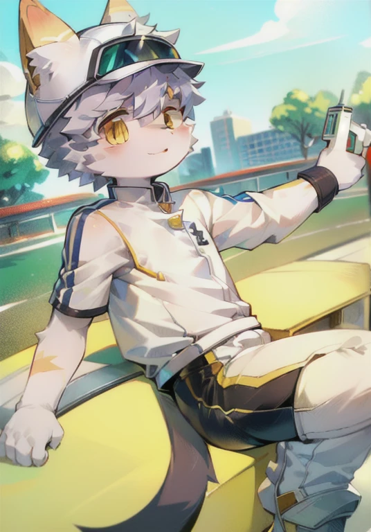 White male cat,boys,cute,Q version,Silver Hair,Detailed background,,Golden Eyes,Racing,Driver,Wear a helmet,倚靠在Racing上
