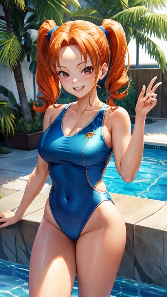 Jessica Albert (Dragon Quest), Jessica Albert, 1 woman, re-sinngu swimsuit with v neck, short pigtails, orange hair showing on forehead, beautiful, masterpiece, best quality, smiling face, looks in the eye of the beholder, poolside Standing pose