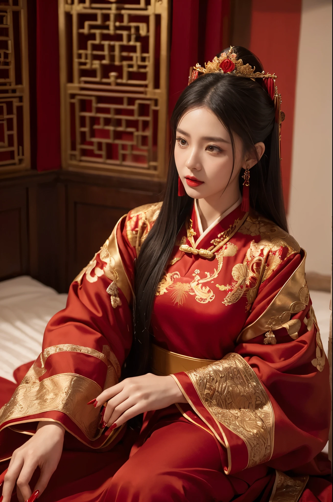 (ultra realistic 8k CG:1.2),perfect artwork,delicate pattern,intricate detail, (unparalleled masterpiece,best quality:1.2),(extremely intricate:1.2),a woman in a red and gold dress, Phoenix crown,hair stick,(sitting on red bed),Cosmetic,blush,shy,black_hair, looking down, Cosmetic,(forehead dot),(2 red candles), chinese_clothes, curtains, earrings, hair_ornament, hanfu, indoors, jewelry, red nails, long_sleeves, red dress, red lips, tassel, (Red quilt),(red palace:1.2),(ancient Chinese architecture),(red:1.8),night