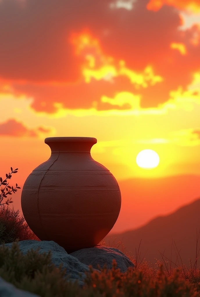 Clay jar with sunset
