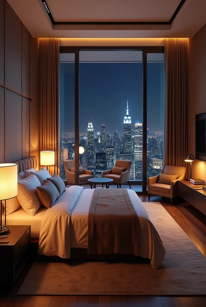 Luxurious master bedroom with king-size bed and luxurious linens, The room is warm, Modern bedside lamps and chandeliers provide soft lighting for a cosy atmosphere.。Near the big window、There is a cozy sitting area with plush armchairs and a small coffee table.。, Enjoy a private and beautiful night view, View through sleek glass doors, Beautiful cityscape at night