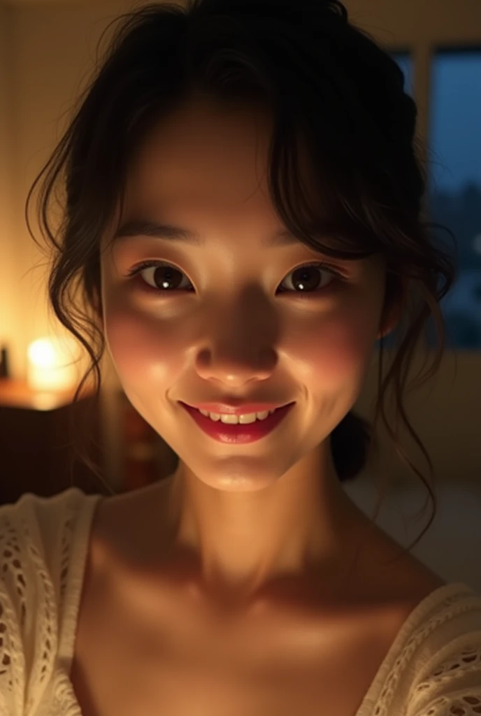 Selfie taken by a fair-skinned Japanese woman。Soft Light。Living room at night。High resolution, Textured skin, smile。