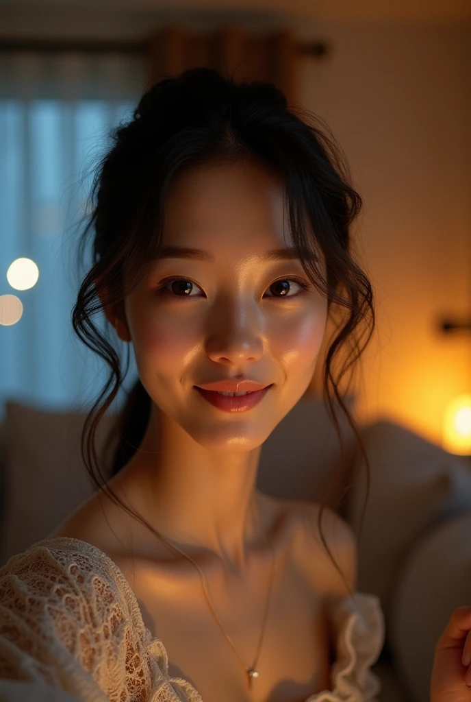Selfie taken by a fair-skinned Japanese woman。Soft Light。Living room at night。High resolution, Textured skin, smile。