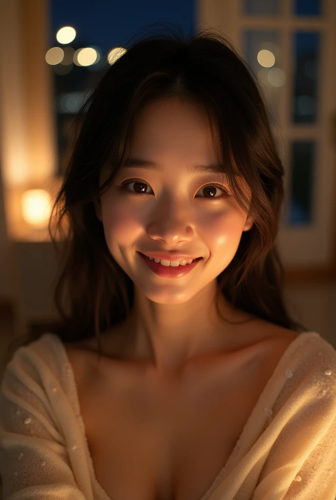 Selfie taken by a fair-skinned Japanese woman。Soft Light。Living room at night。High resolution, Textured skin, smile。