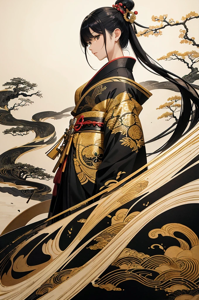 Create a stylish, purely Japanese-style art piece inspired by ink paintings of golden dragons, bonsai trees, and samurai.