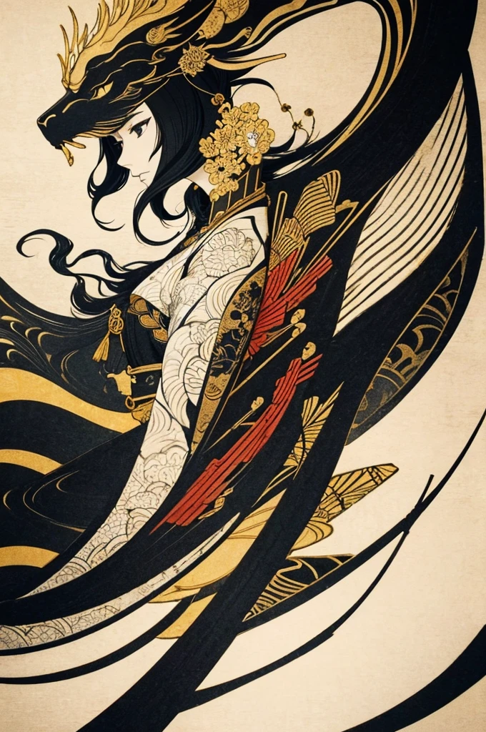 Create a stylish, purely Japanese-style art piece inspired by ink paintings of golden dragons, bonsai trees, and samurai.