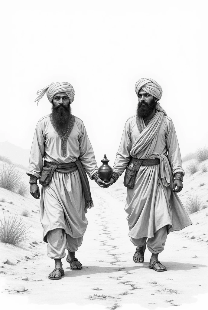 Two Punjabi people of old Indian Empire, coming towards in baren land in background , taking ash pot of their emporer , pot is small , in pencil sketch format