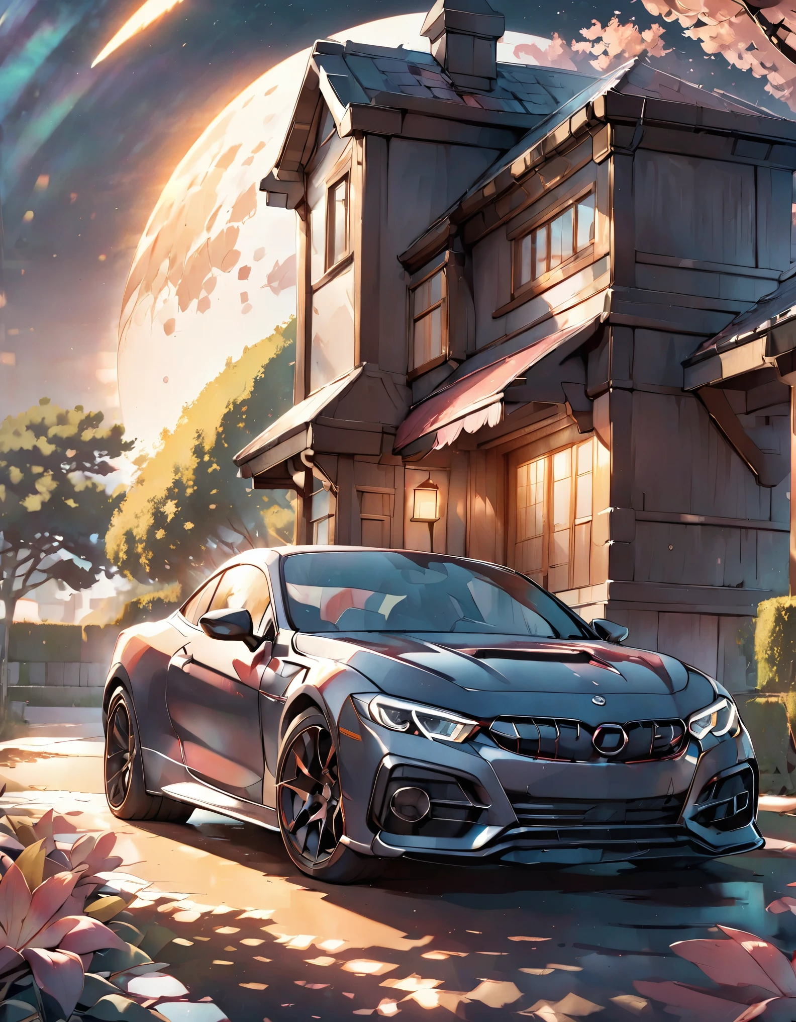 extremly detailed, illustrations (front view of car 1.5),(head lights on:1)(illustrations:1)(road),(night)(cool)(car:1.5)parked beside a home(detailing:1.7)(shadow1)
