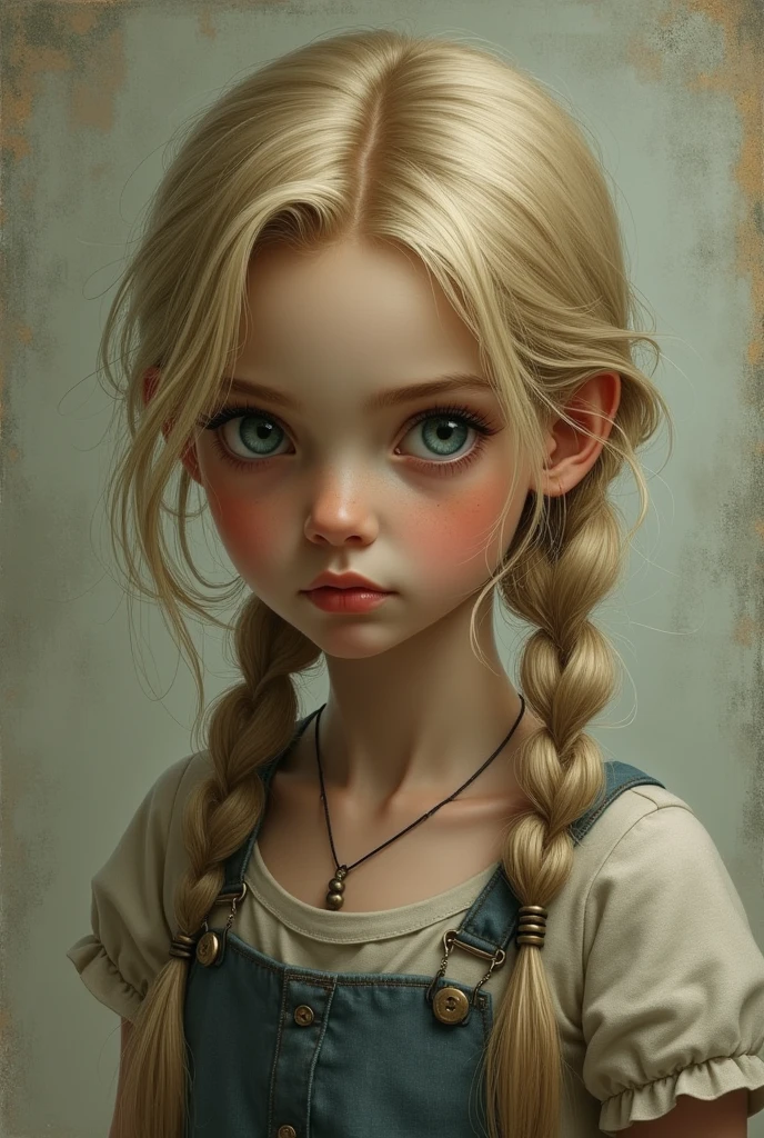This appears to be a digital painting or illustration of a young girl with braided blonde hair and a thoughtful expression. The image has an artistic, slightly vintage or worn aesthetic, with a textured background that adds to the overall mood and atmosphere. The girl's piercing blue eyes and delicate facial features give her an intriguing, almost melancholic air. While the image doesn't depict any specific individual, the attention to detail and the emotional quality of the portrayal make it a captivating piece of art.