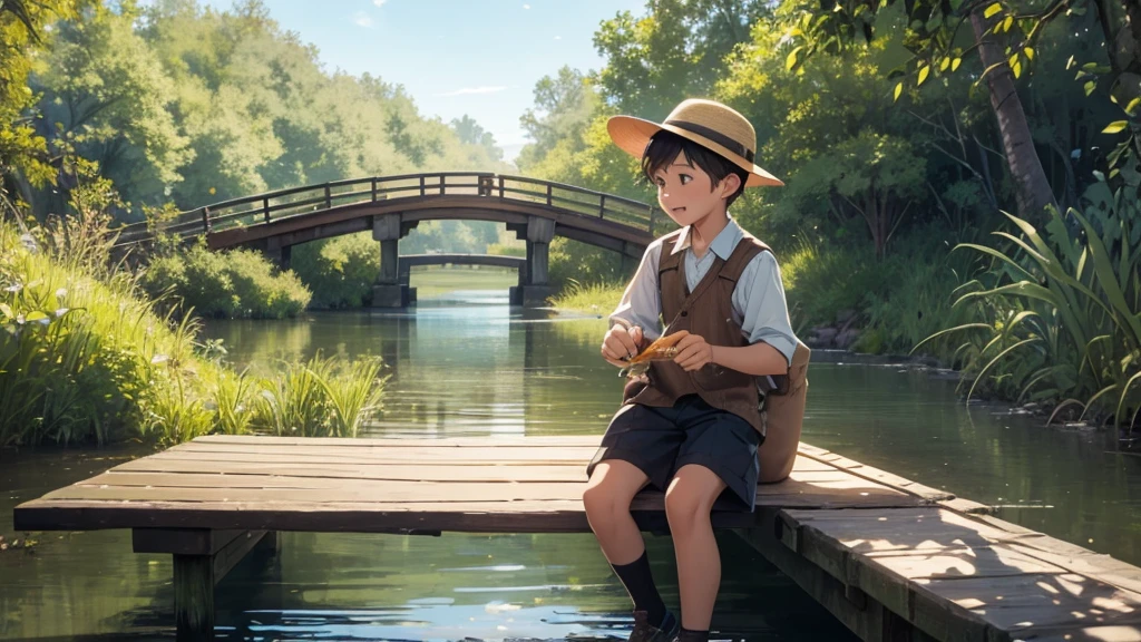 good-natured boy in a hat, sits on a wooden bridge, catches fish, hat, boy on the bridge, catches fish