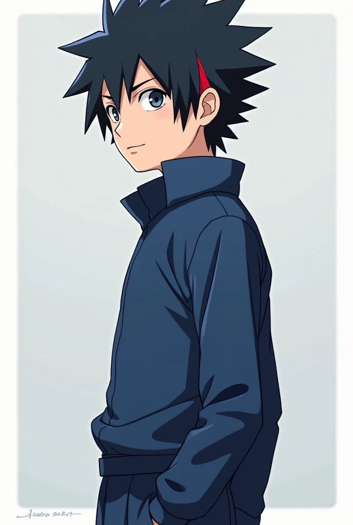 Create an anime boy with a blue school uniform and hair like Sasuke Make his hair black and tie red Make a full body image of him 